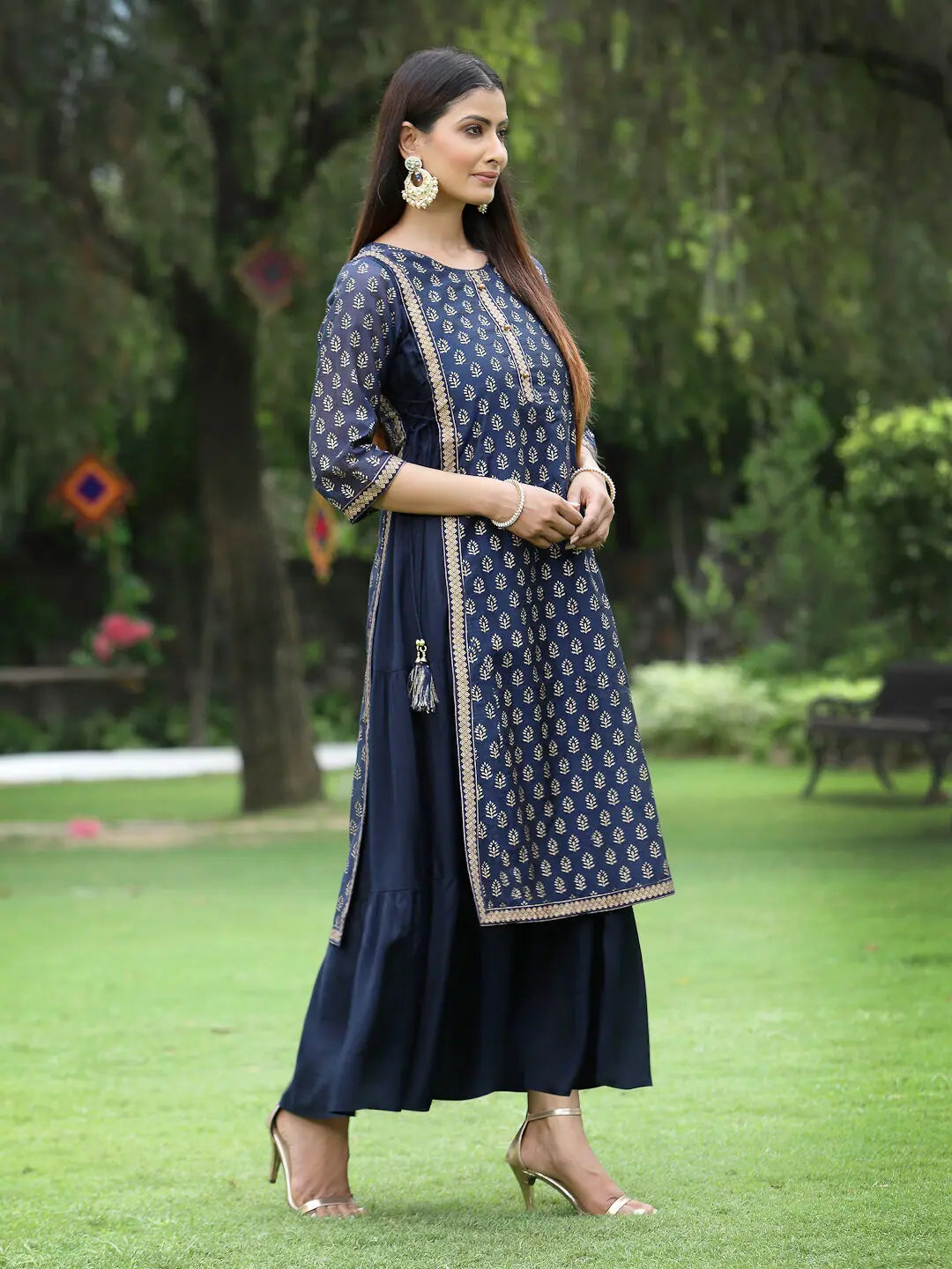 Navy Chanderi Silk Layered Dress- Indian Dresses Online