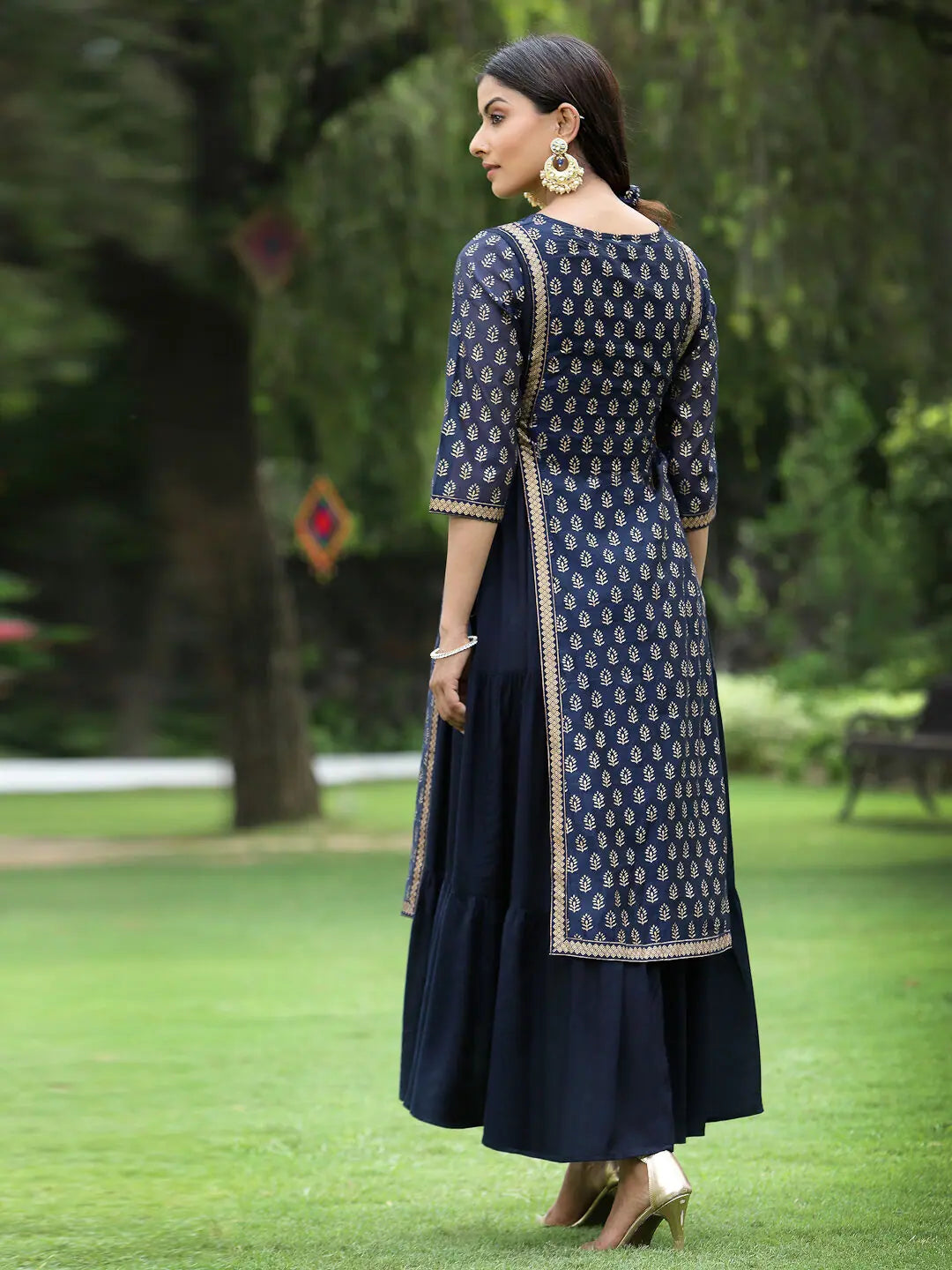Navy Chanderi Silk Layered Dress- Indian Dresses Online