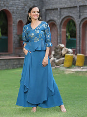 Women's Teal Georgette Solid Peplum Clothing Set