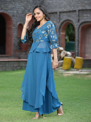 Women's Teal Georgette Solid Peplum Clothing Set