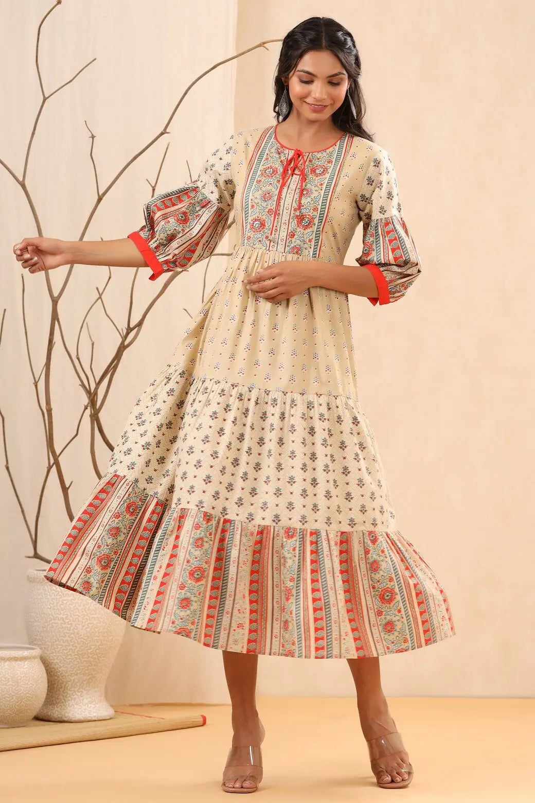 Beige Printed Tiered Long Dress | Indian Cotton Dresses