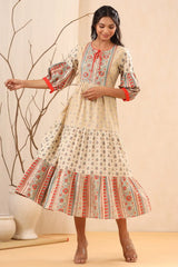 Beige Cambric Festive Printed Tiered Long Dress For Women