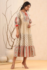 Beige Cambric Festive Printed Tiered Long Dress For Women