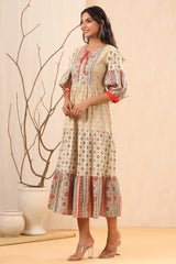 Beige Cambric Festive Printed Tiered Long Dress For Women