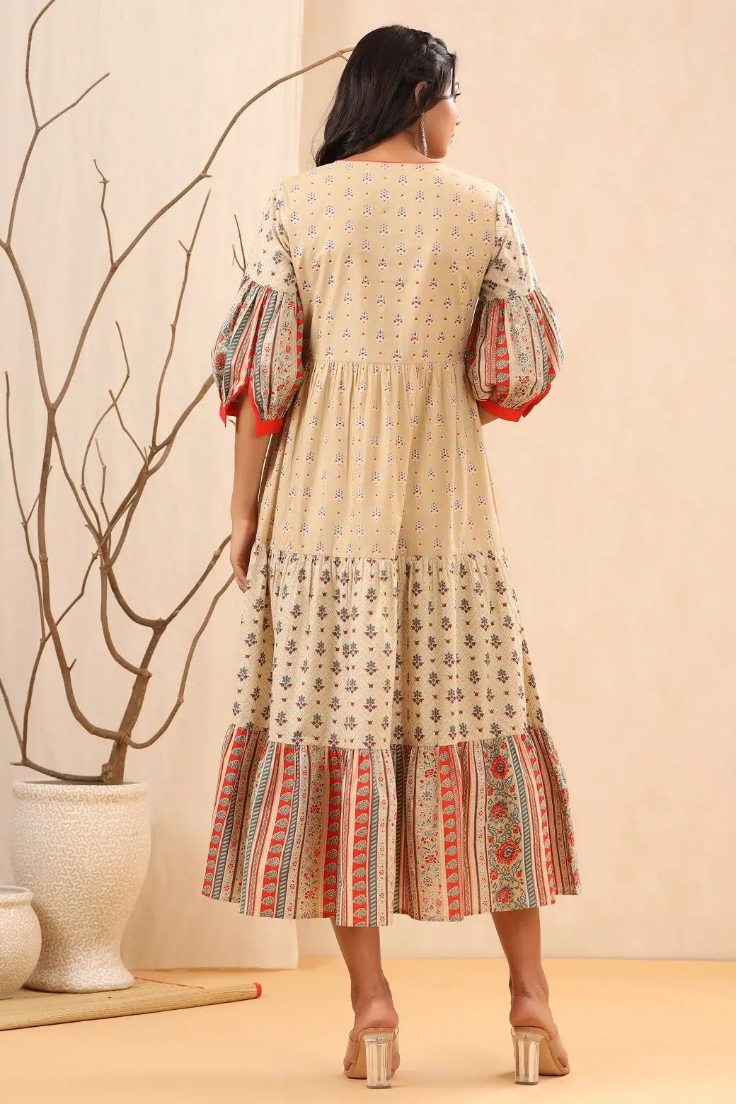 Beige Printed Tiered Long Dress | Indian Cotton Dresses