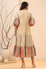 Beige Cambric Festive Printed Tiered Long Dress For Women