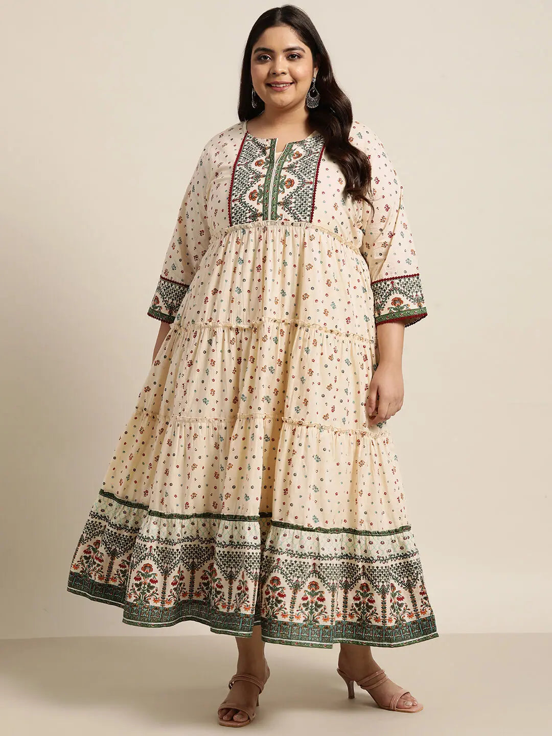 Women`s Ivory Cambric Festive Wear Printed Tiered Dress