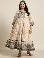 Women`s Ivory Cambric Festive Wear Printed Tiered Dress