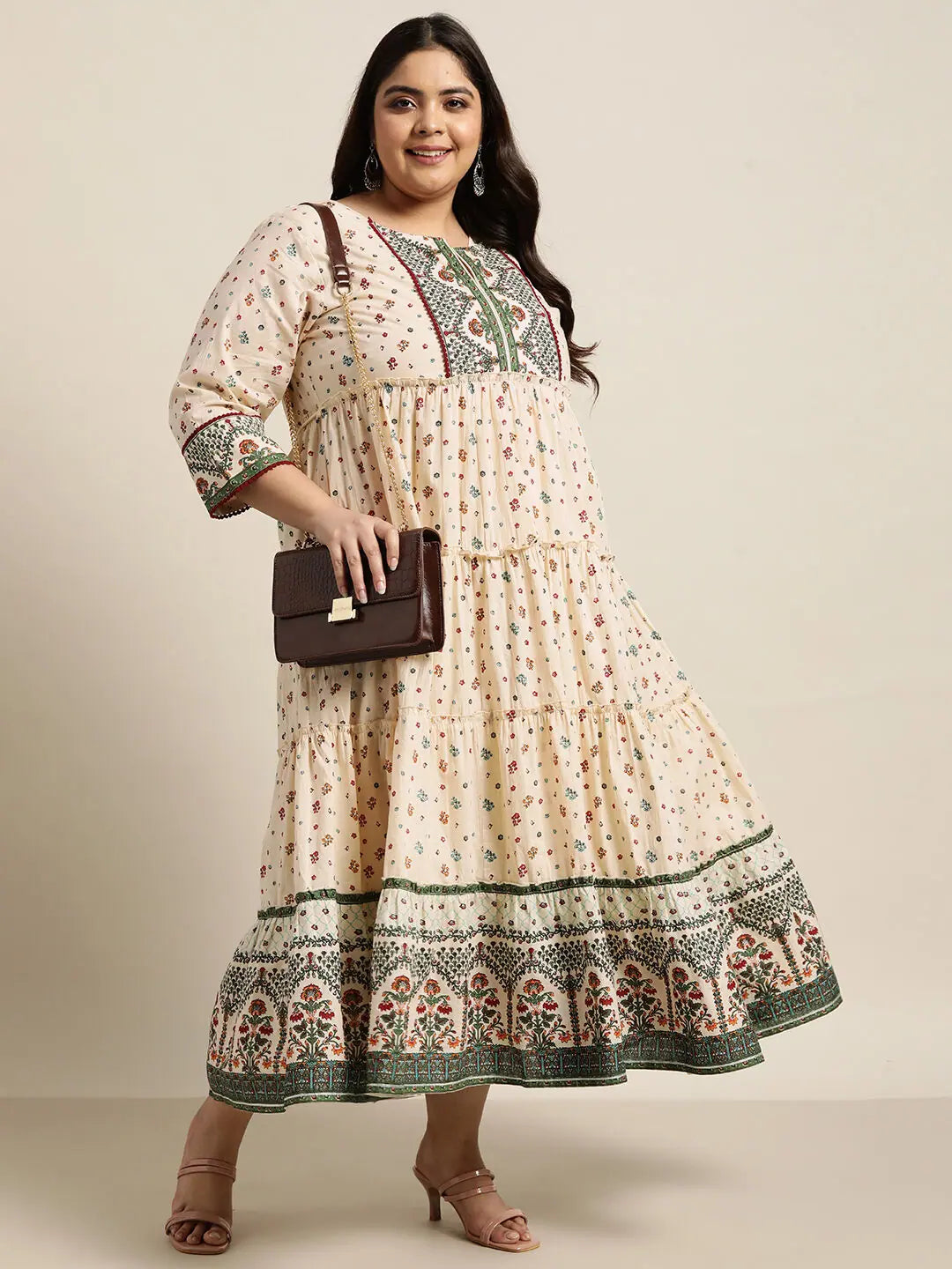 Ivory Printed Tiered Dress: Women's Cotton Kurta Sets