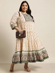 Women`s Ivory Cambric Festive Wear Printed Tiered Dress