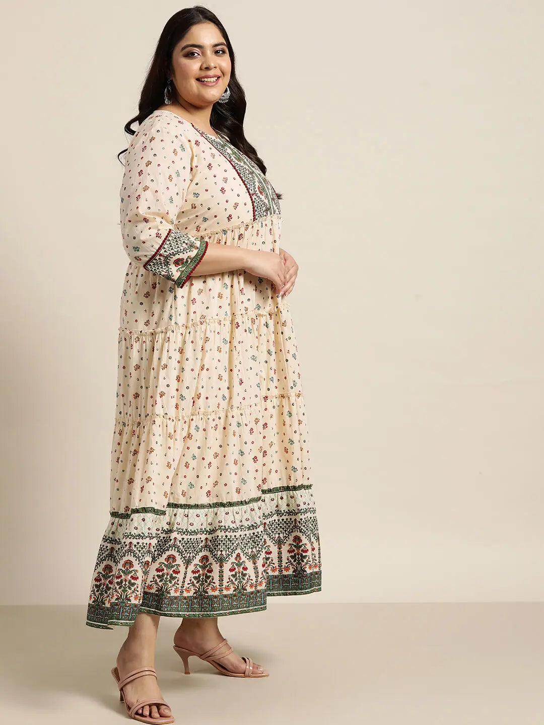 Ivory Printed Tiered Dress: Women's Cotton Kurta Sets