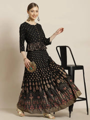 Black Rayon & Cambric Printed Peplum Lehenga Choli Sets