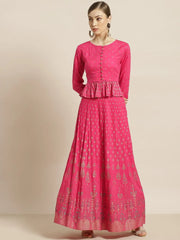Fuschia Rayon & Cambric Printed Peplum Lehenga Choli Sets