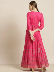 Fuschia Rayon & Cambric Printed Peplum Lehenga Choli Sets