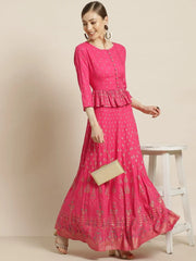Fuschia Rayon & Cambric Printed Peplum Lehenga Choli Sets