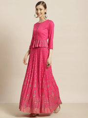 Fuschia Rayon & Cambric Printed Peplum Lehenga Choli Sets
