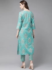 Blue Rayon Slub Printed A-Line Kurta Pant Set