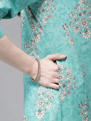 Blue Rayon Slub Printed A-Line Kurta Pant Set