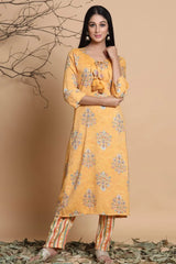 Mustard Rayon Slub Printed Asymmetric Kurta Pant Set With Mask