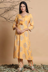 Mustard Rayon Slub Printed Asymmetric Kurta Pant Set With Mask