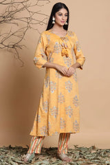 Mustard Rayon Slub Printed Asymmetric Kurta Pant Set With Mask