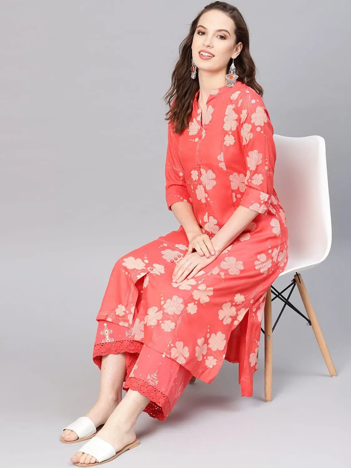 Coral Rayon Kurta Palazzo Set - Printed Women's Fashion