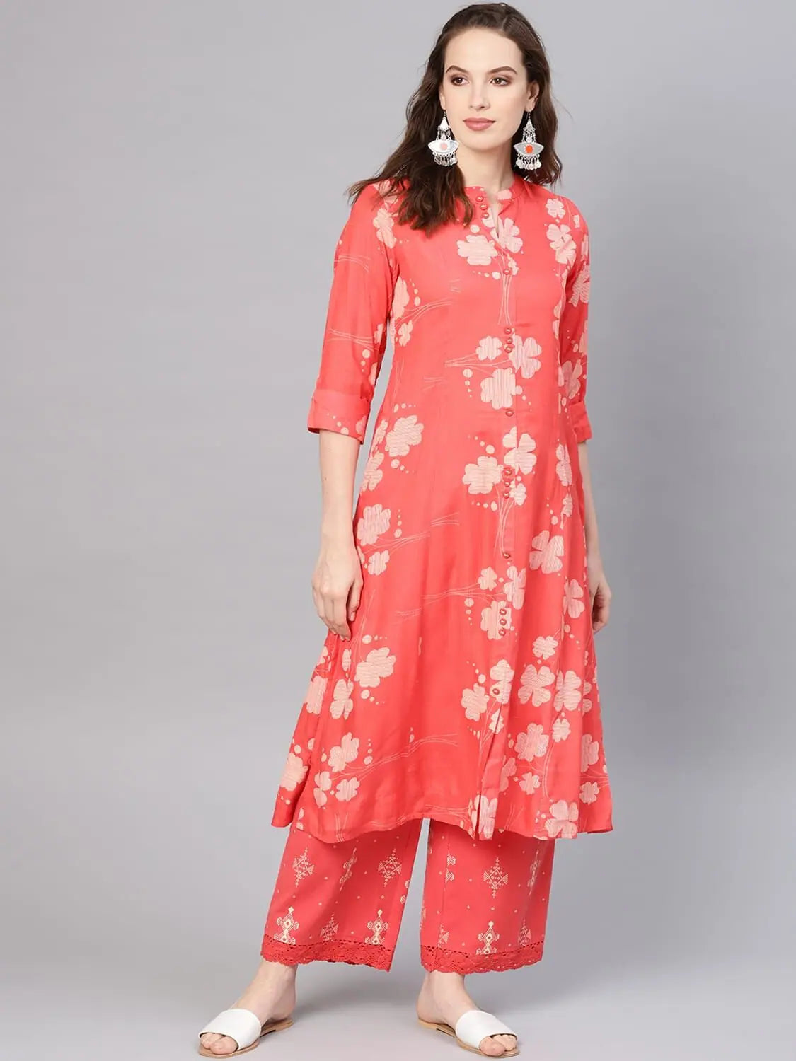 Coral Rayon Kurta Palazzo Set - Printed Women's Fashion