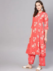 Coral Rayon Printed A-Line Kurta Palazzo Set