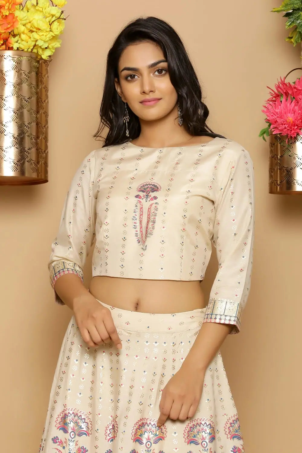 Ivory Printed Silk Lehenga Choli Set - Women's Lehenga