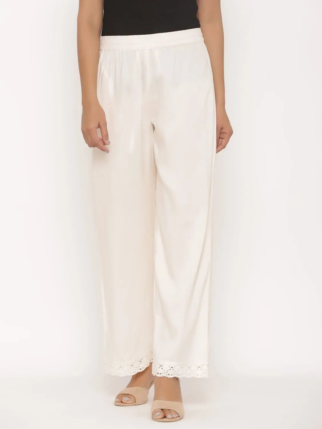 Ivory Rayon Wide Leg Palazzo Pants - Women's Trousers