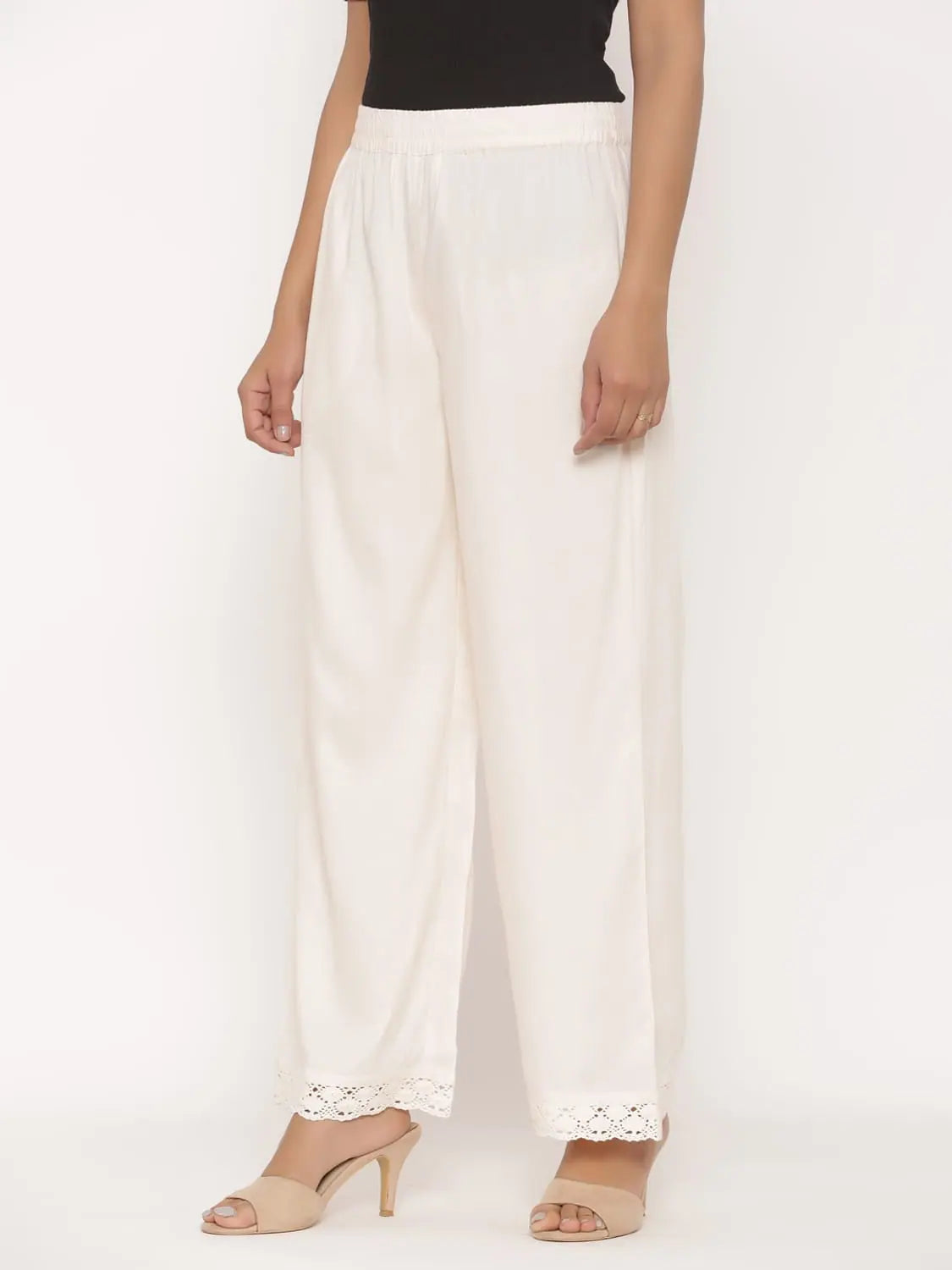 Ivory Rayon Wide Leg Palazzo Pants - Women's Trousers