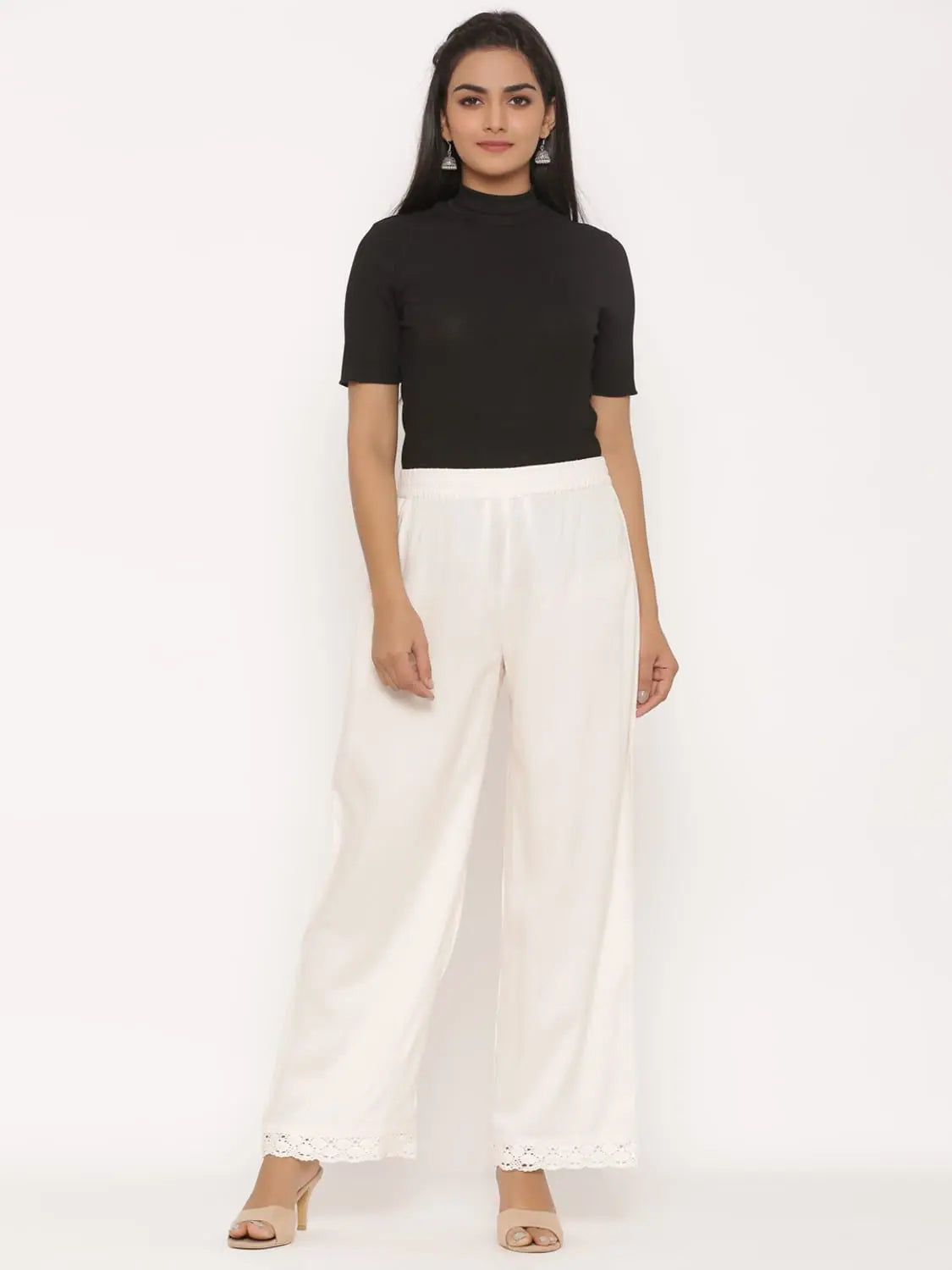 Ivory Rayon Wide Leg Palazzo Pants - Women's Trousers