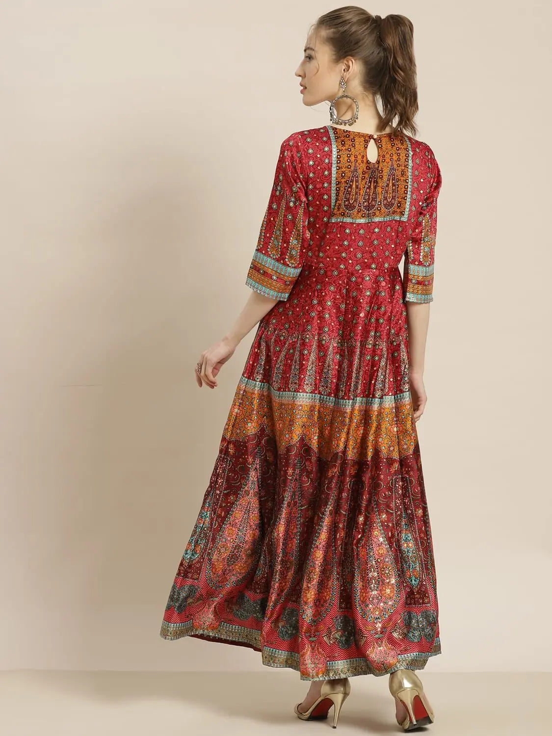 Maroon Satin Anarkali Dress - Women's Western Wear