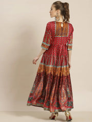 Maroon Dull Satin Printed Anarkali Dress