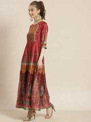Maroon Dull Satin Printed Anarkali Dress