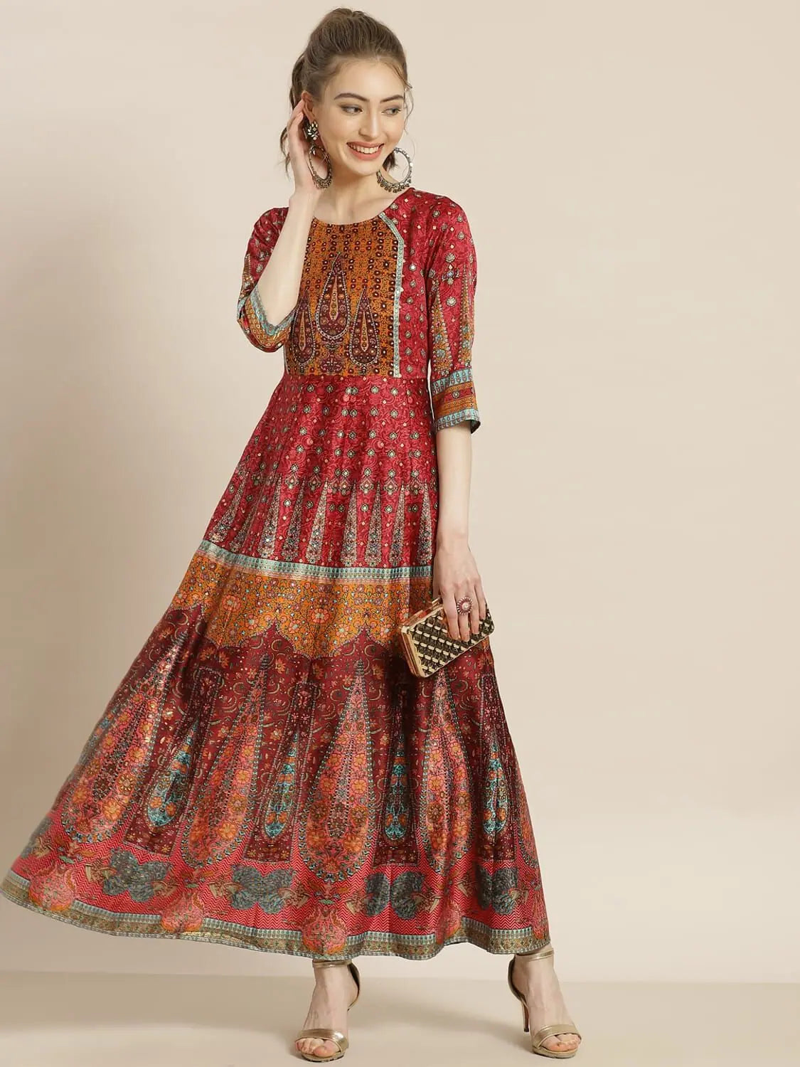 Maroon Satin Anarkali Dress - Women's Western Wear
