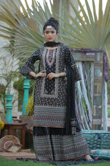 Black Cambric Floral Print High-Low Kurta Palazzo & Dupatta Set With Mask