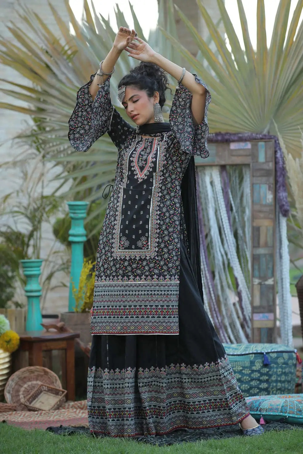 Black Floral Kurta Palazzo Dupatta Set with Mask | Cotton