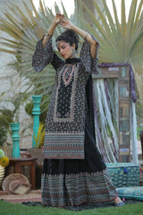 Black Cambric Floral Print High-Low Kurta Palazzo & Dupatta Set With Mask