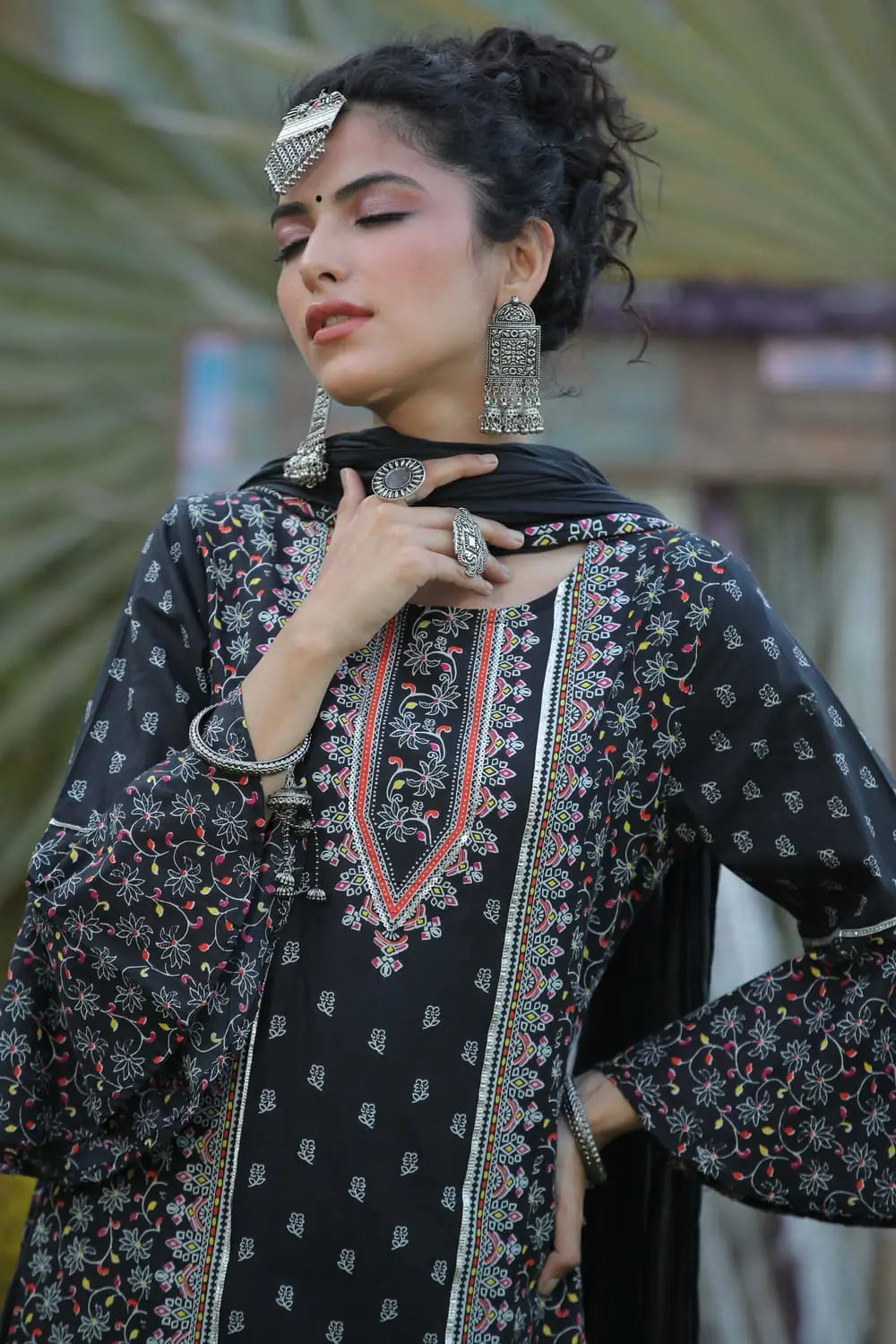 Black Floral Kurta Palazzo Dupatta Set with Mask | Cotton