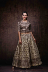 Brown Jute Jacquard Lehenga Choli Dupatta Set
