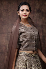 Brown Jute Jacquard Lehenga Choli Dupatta Set