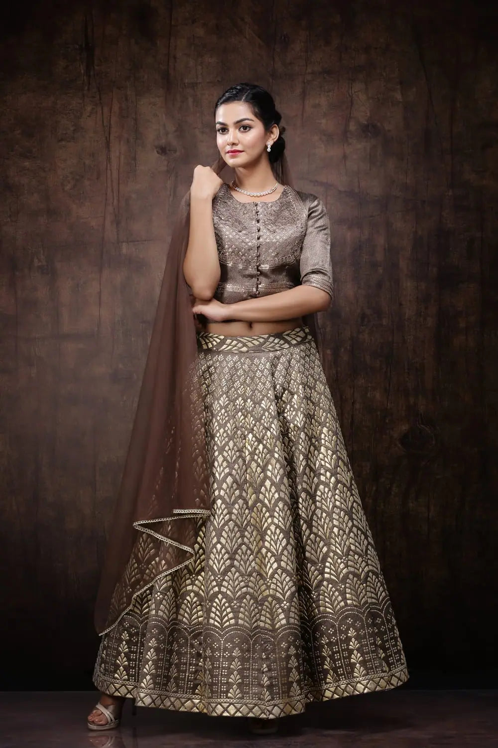 Brown Jute Jacquard Lehenga Choli Dupatta - Wedding Lehenga