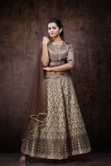 Brown Jute Jacquard Lehenga Choli Dupatta Set