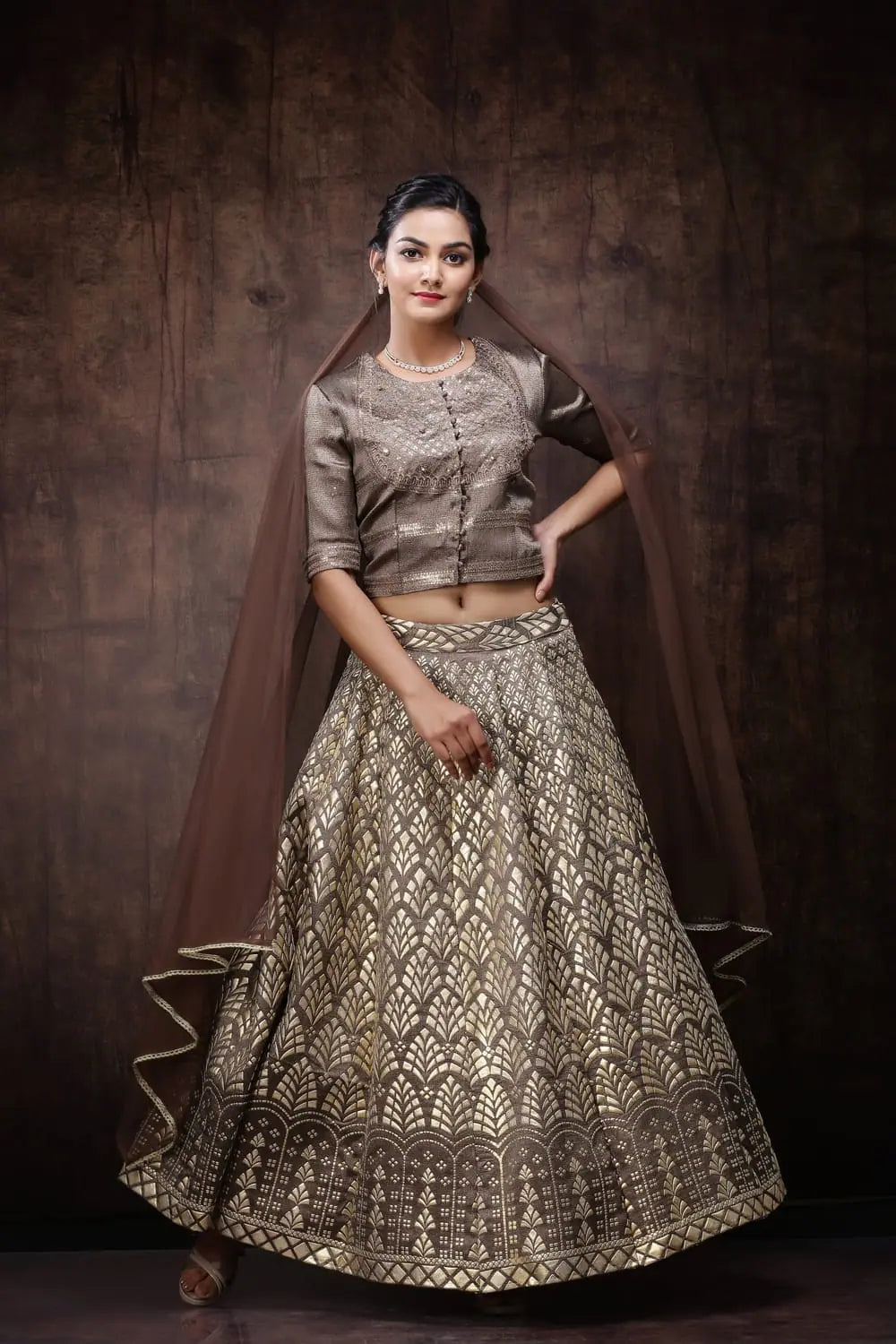 Brown Jute Jacquard Lehenga Choli Dupatta - Wedding Lehenga