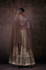 Brown Jute Jacquard Lehenga Choli Dupatta Set