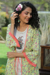 Limegreen Cambric & Rayon Printed Jacket Style Kurta Pant Set