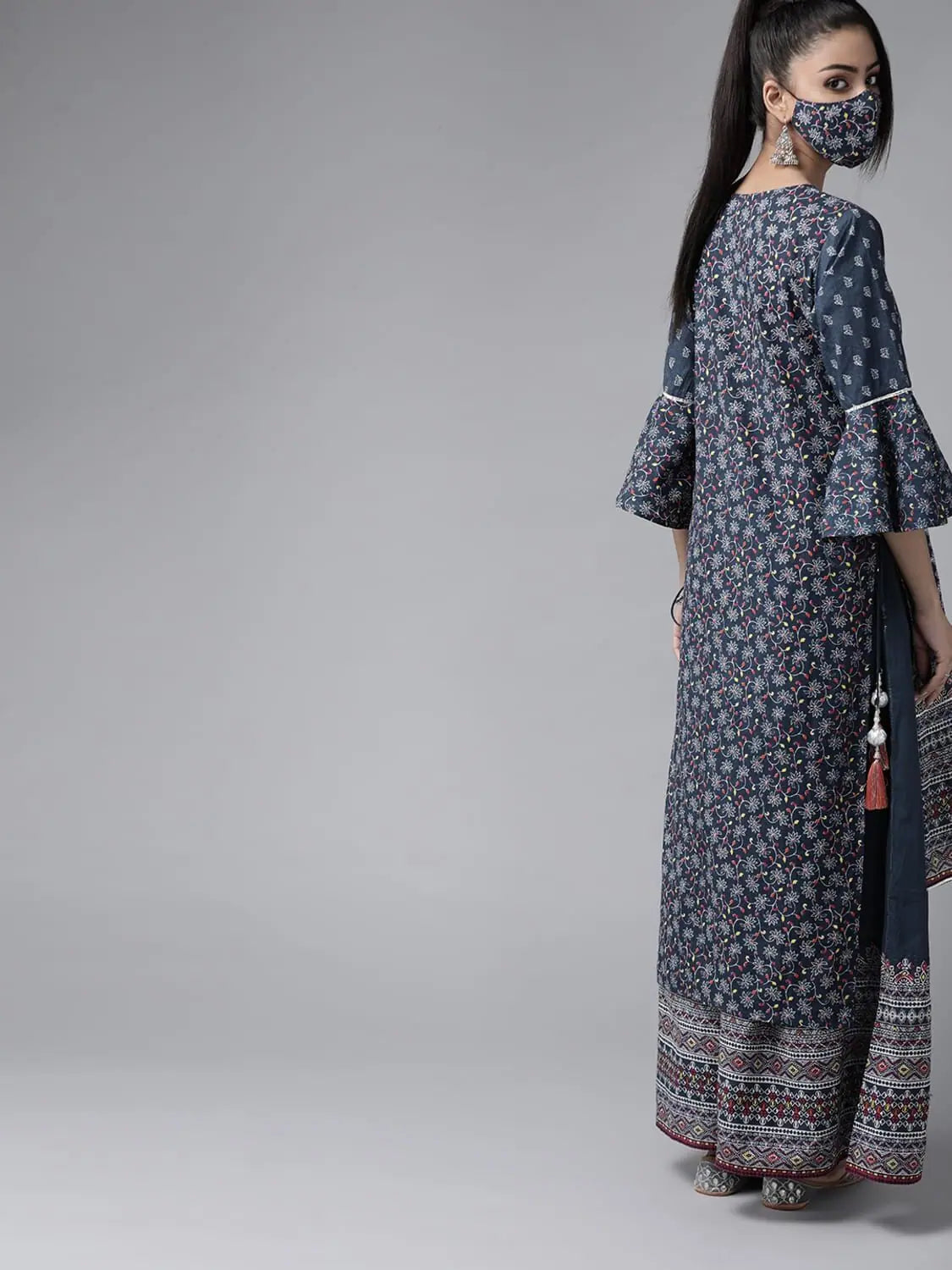 Indigo Floral Print Kurta Palazzo Set with Mask | Cotton