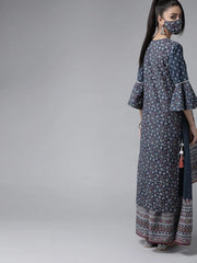 Indigo Cambric Floral Print High-Low Kurta Palazzo Set With Mask