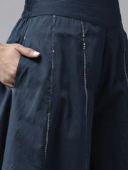 Indigo Cambric Floral Print High-Low Kurta Palazzo Set With Mask